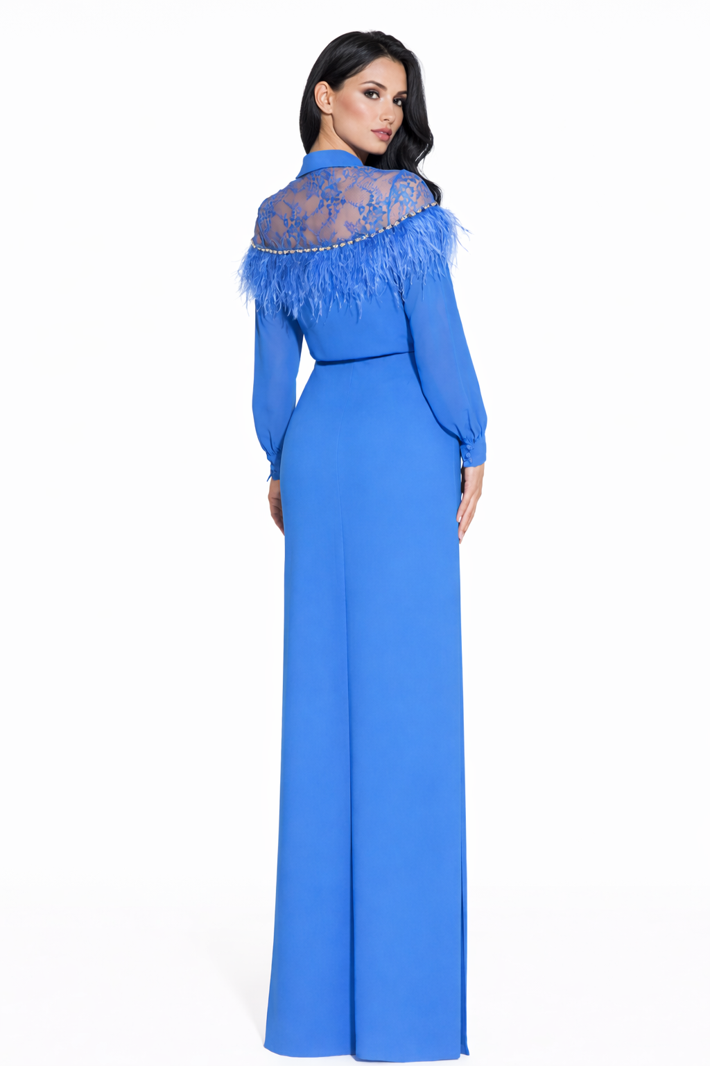 long sleeve column dress with lace yoke and feather detail – FEATHER