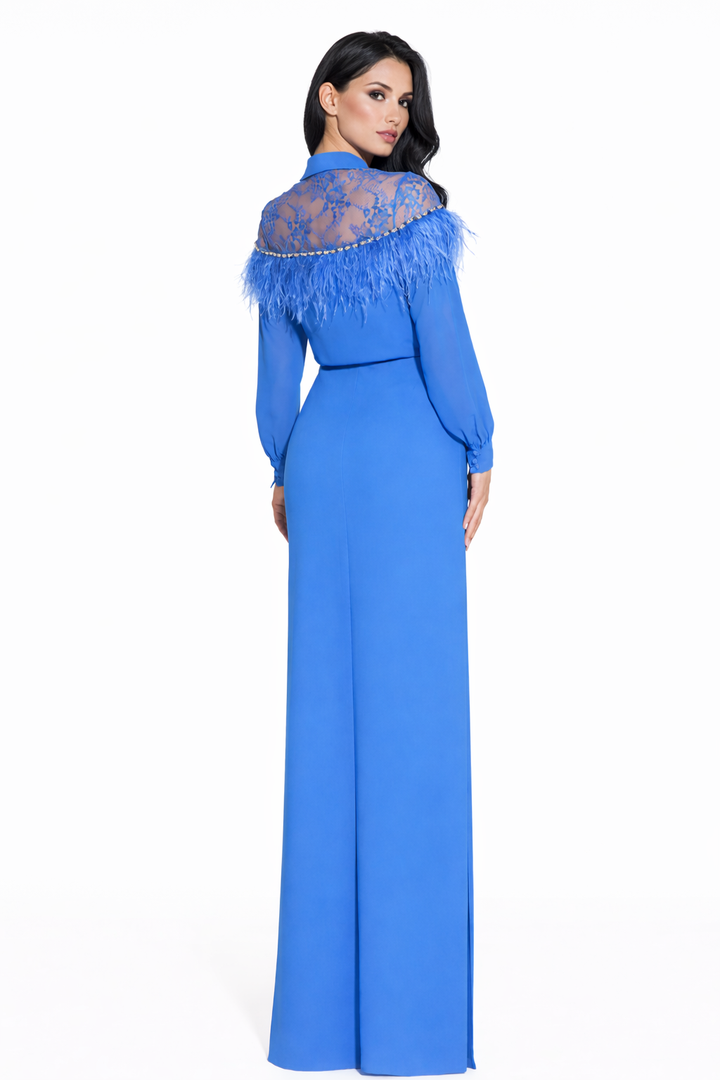long sleeve column dress with lace yoke and feather detail – FEATHER