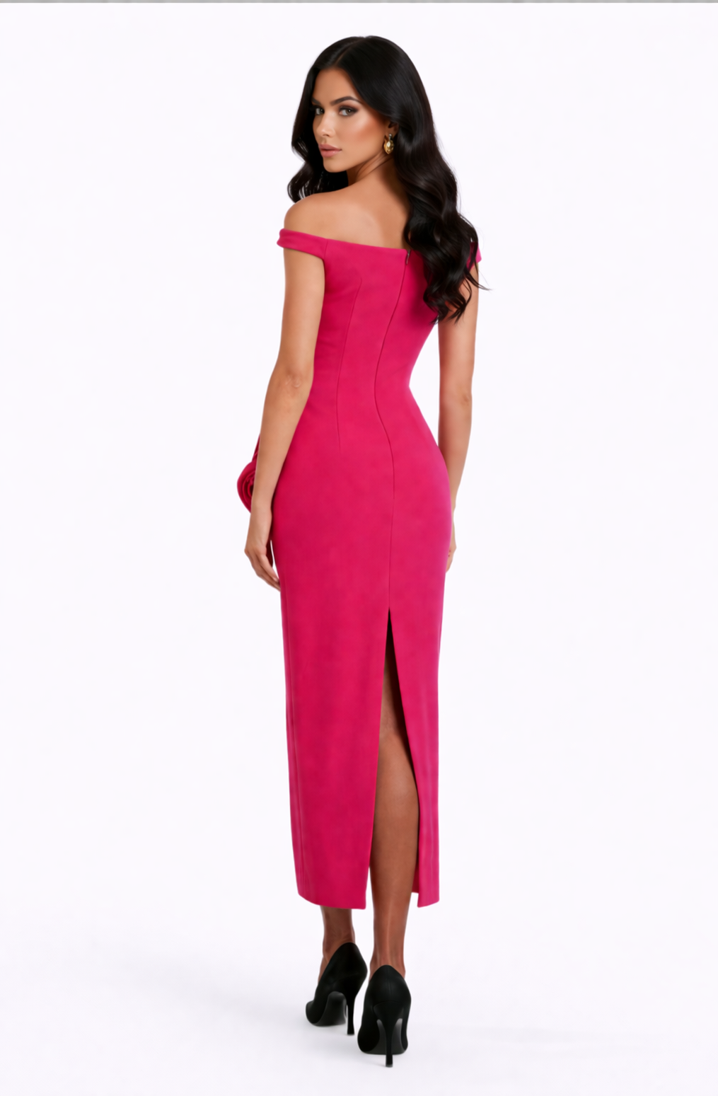 off-shoulder midi dress with sculpted waist and floral accents – SCULPT