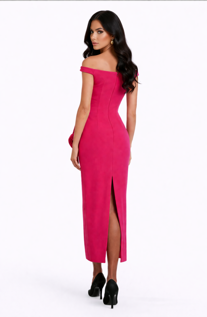 off-shoulder midi dress with sculpted waist and floral accents – SCULPT
