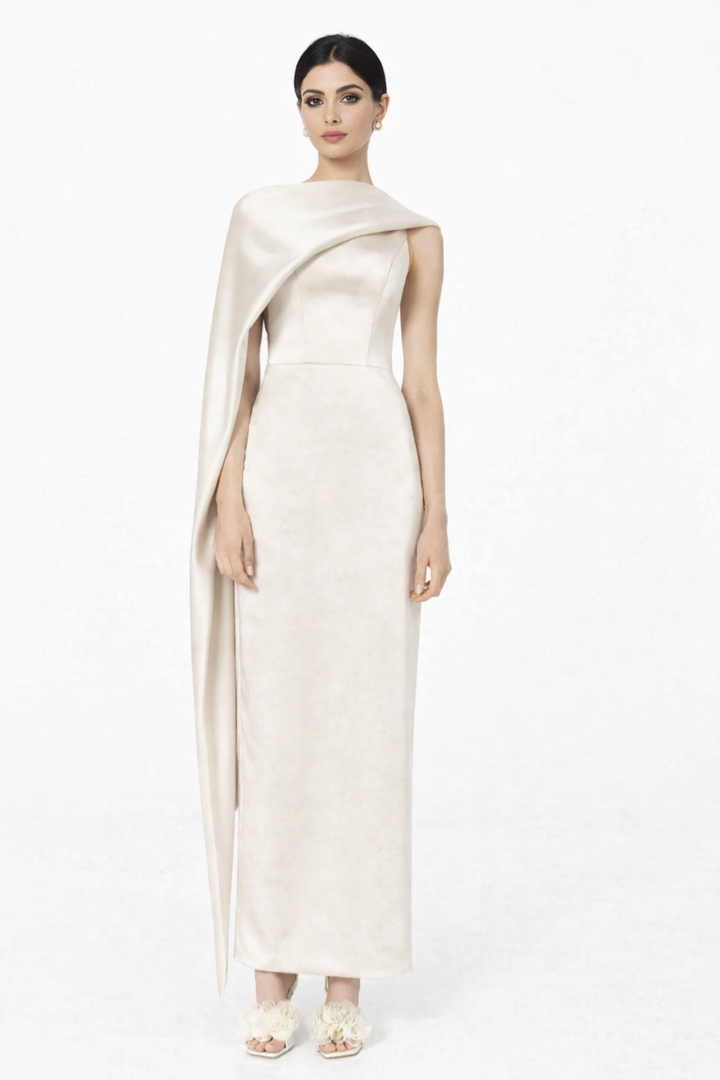 one-shoulder midi dress with sculpted draped cape – SCULPT