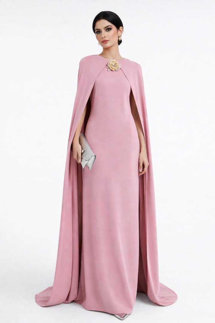 cape overlay maxi dress with floral brooch detail – ROSAN
