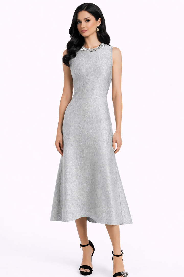 sleeveless midi dress with embellished neckline and flared hem – SHINE