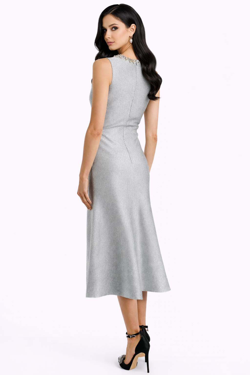 sleeveless midi dress with embellished neckline and flared hem – SHINE