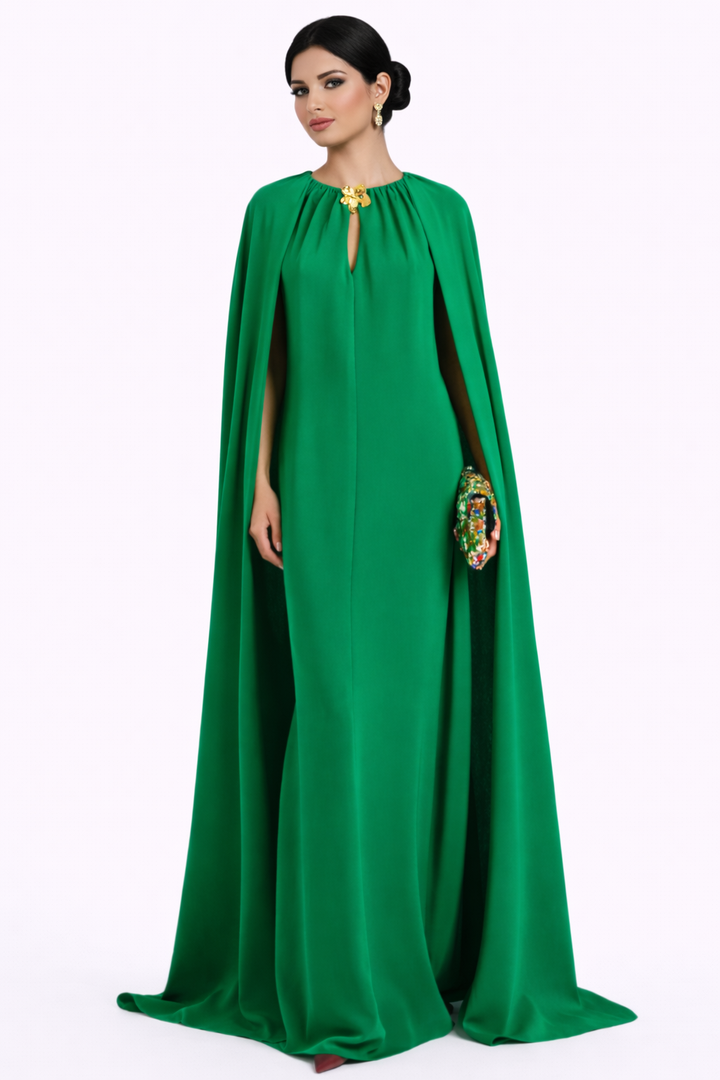high neck maxi dress with full cape overlay and keyhole detail – ROYAL