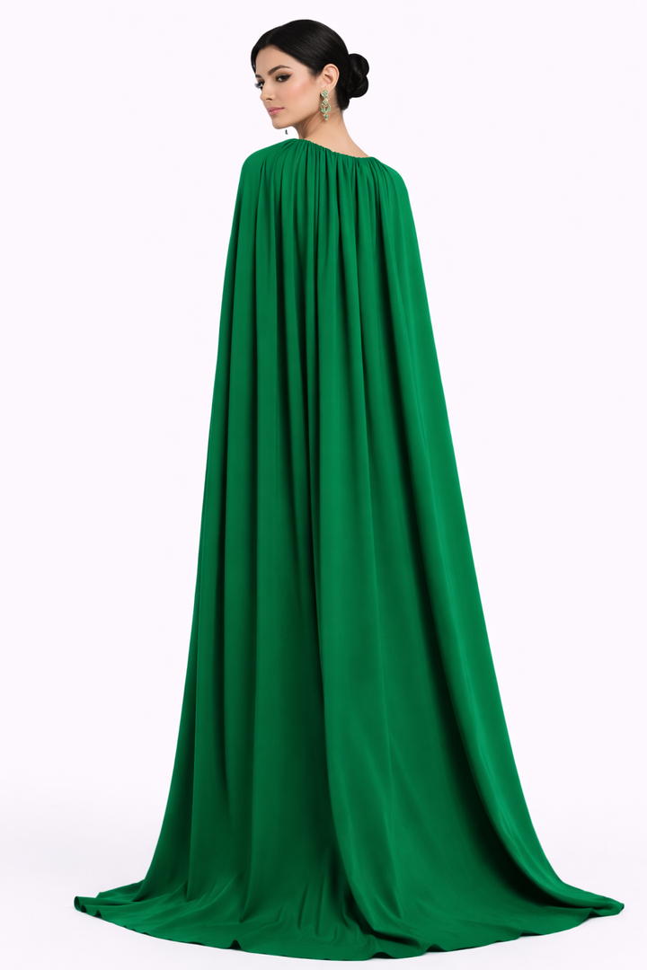 high neck maxi dress with full cape overlay and keyhole detail – ROYAL