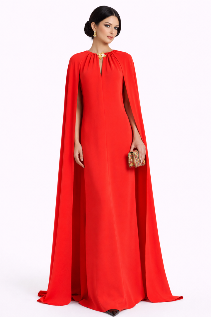 high neck maxi dress with full cape overlay and keyhole detail – ROYAL
