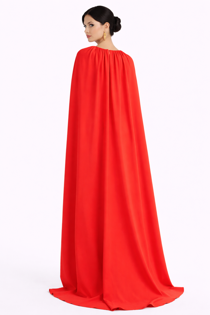 high neck maxi dress with full cape overlay and keyhole detail – ROYAL