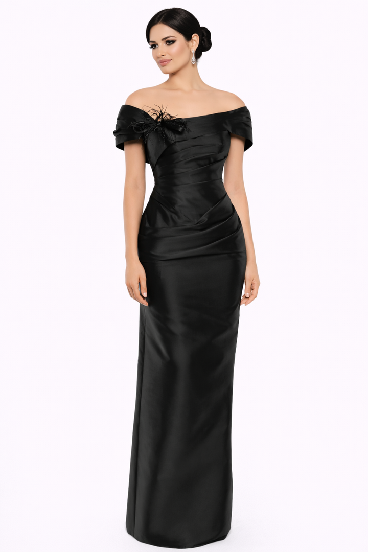 off-shoulder draped column gown with feather detail – FEATHER