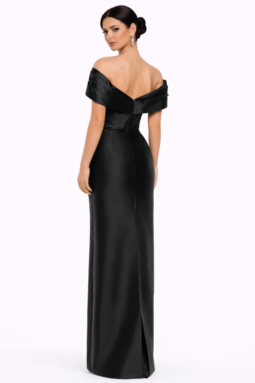 off-shoulder draped column gown with feather detail – FEATHER