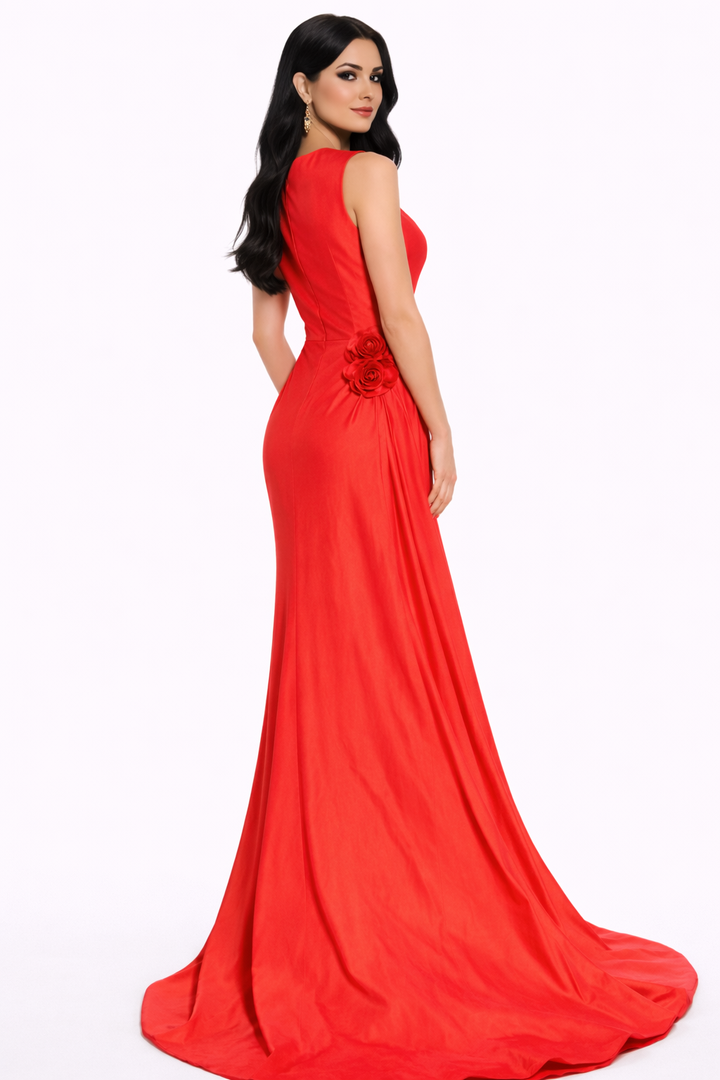 sleeveless deep v-neck gown with draped skirt and floral detail – SCARLEI