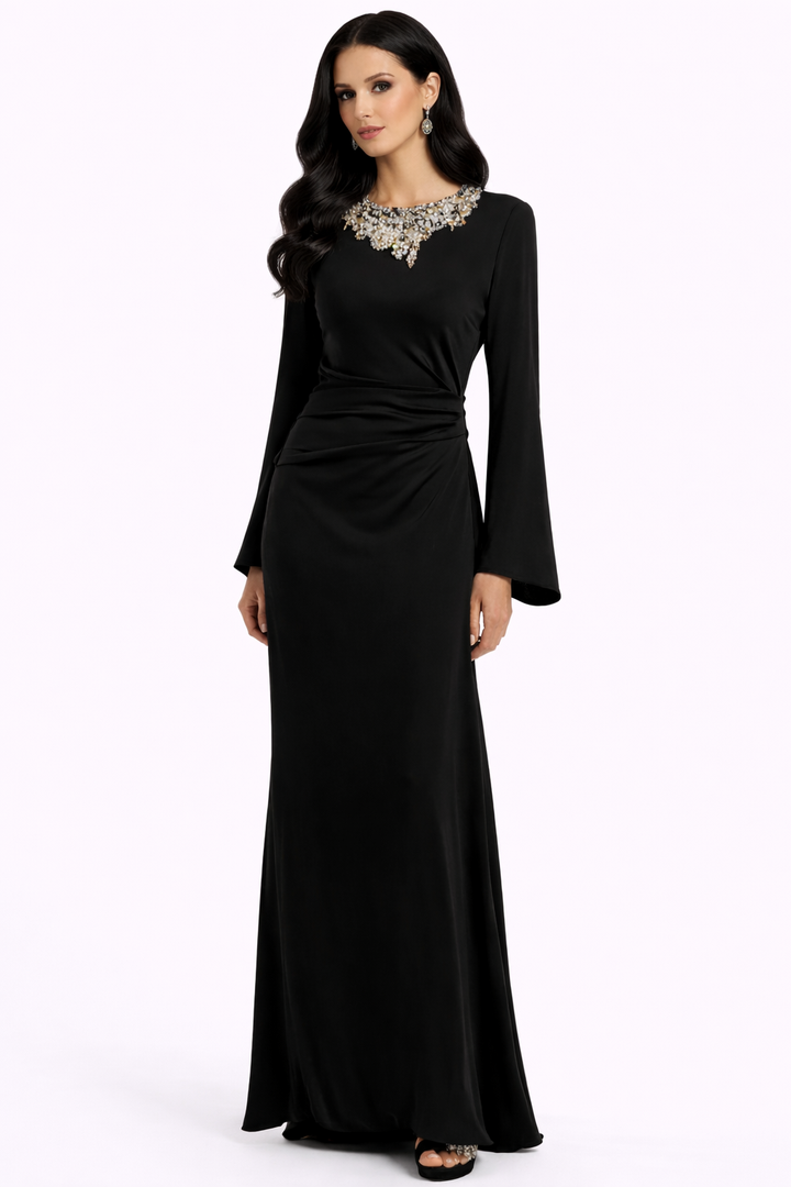 long sleeve column gown with embellished neckline and draped waist – JEWEL