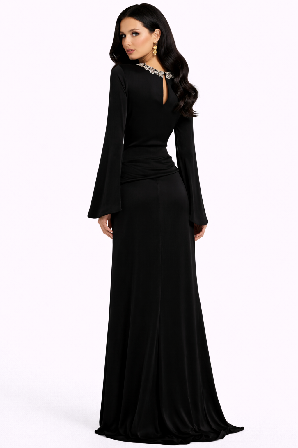 long sleeve column gown with embellished neckline and draped waist – JEWEL