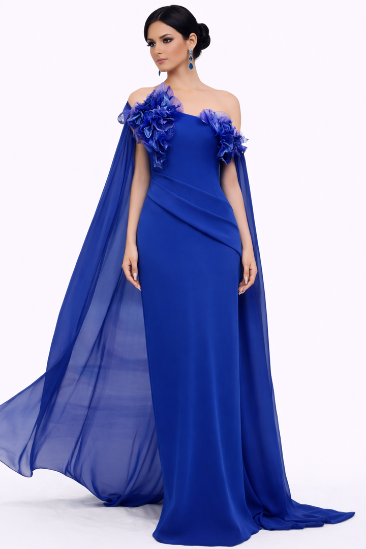 one-shoulder draped gown with floral appliqué and chiffon cape – OCEAN