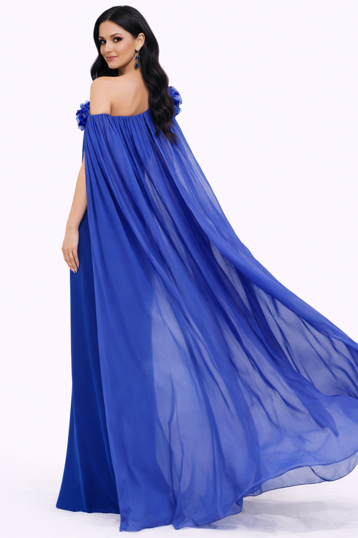 one-shoulder draped gown with floral appliqué and chiffon cape – OCEAN