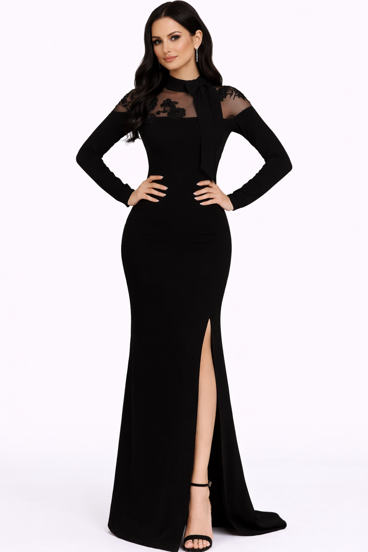 long sleeve high neck gown with sheer lace yoke and side slit – MYSTIQUE