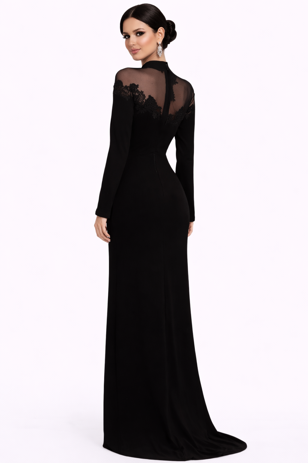 long sleeve high neck gown with sheer lace yoke and side slit – MYSTIQUE