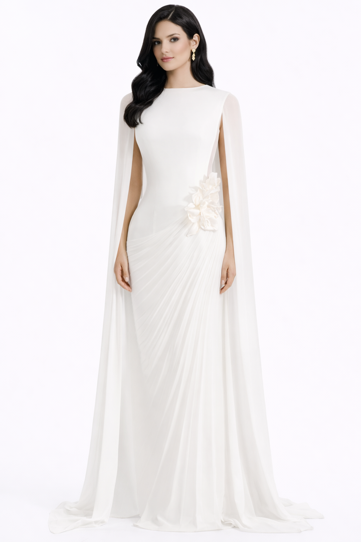high neck pleated gown with cape sleeves and floral detail – SERENITY
