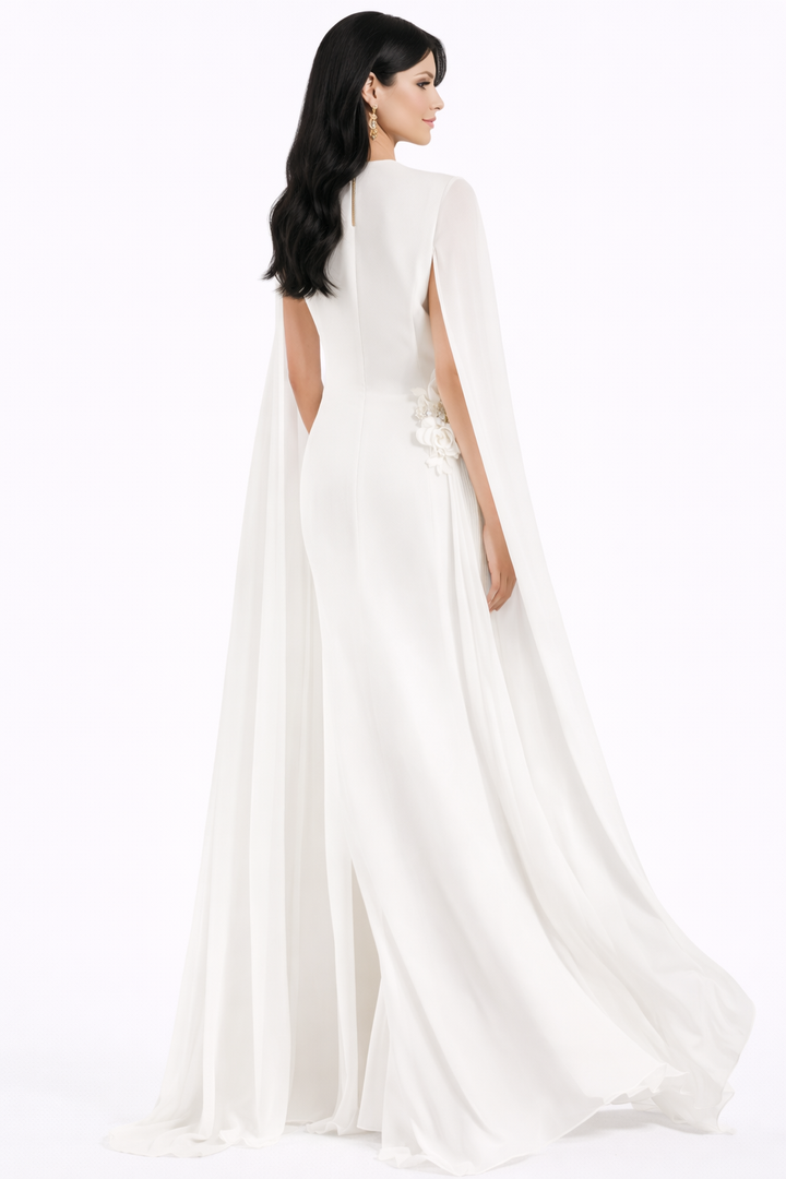 high neck pleated gown with cape sleeves and floral detail – SERENITY