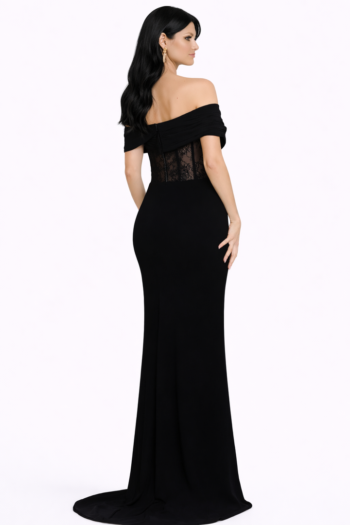 off-shoulder corset gown with sheer lace bodice and floral detail – NOISE