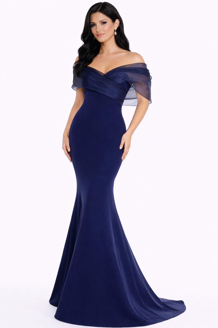 off-shoulder mermaid gown with sheer layered sleeves – MUSE