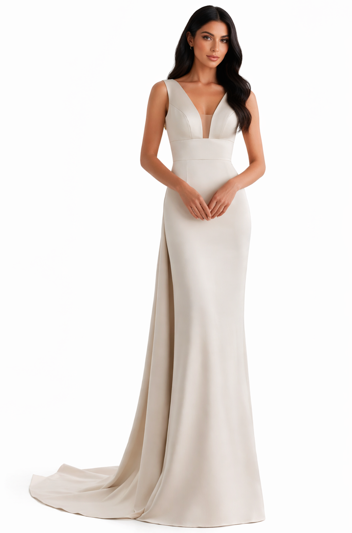 sleeveless deep v-neck column gown with side slit train – BLUSIR