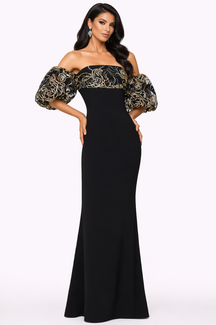 off-shoulder embroidered puff sleeve mermaid dress – OIRO