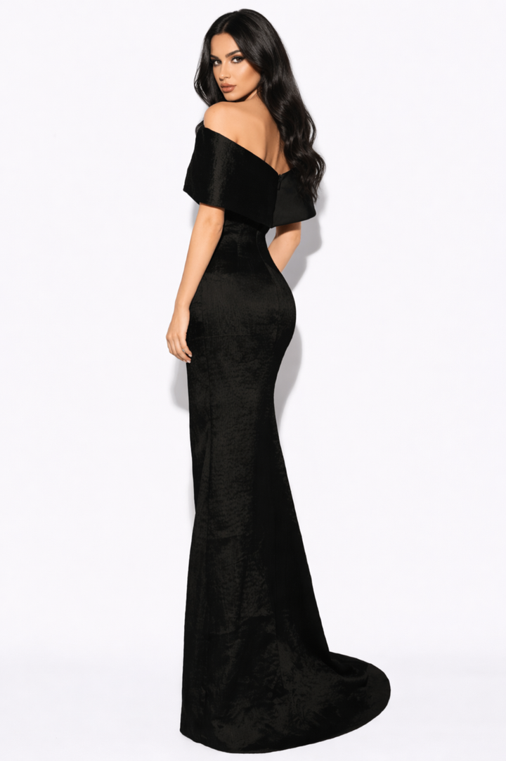 off-shoulder structured column dress with side slit – NANCE