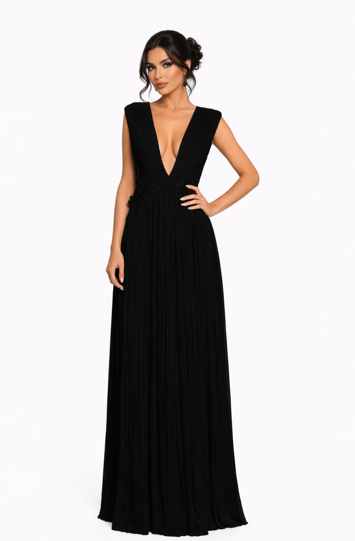 sleeveless deep V-neck pleated maxi dress – ELEGANCE