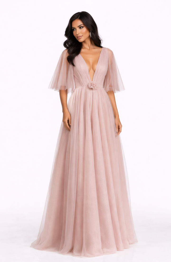 deep V-neck tulle flowy maxi dress with rosette detail – ROSIS