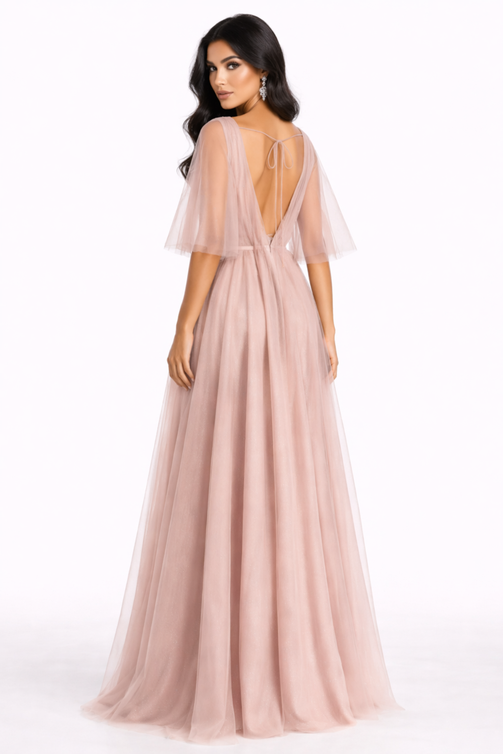 deep V-neck tulle flowy maxi dress with rosette detail – ROSIS