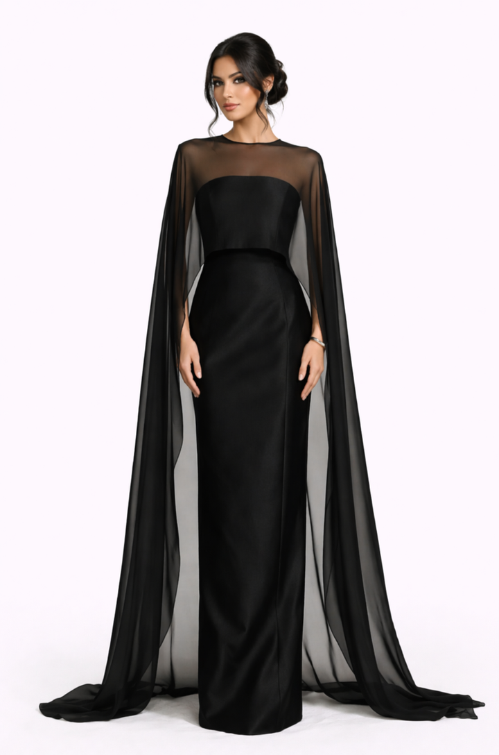 sheer cape sleeve column dress with illusion neckline – ONYX