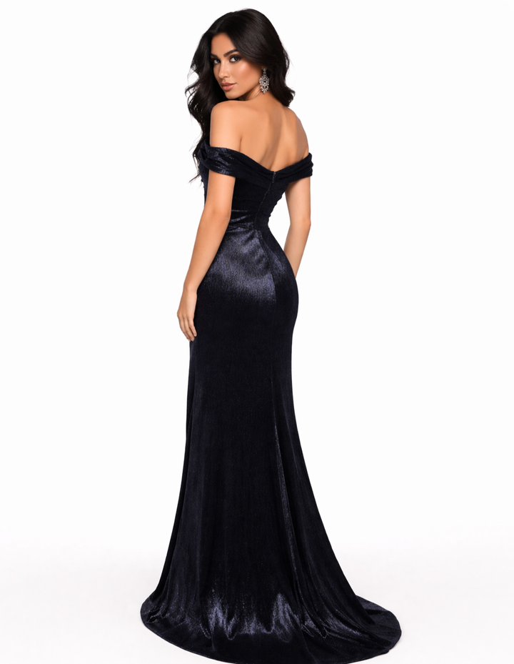 off-shoulder metallic draped slit gown – NIGHTFALL