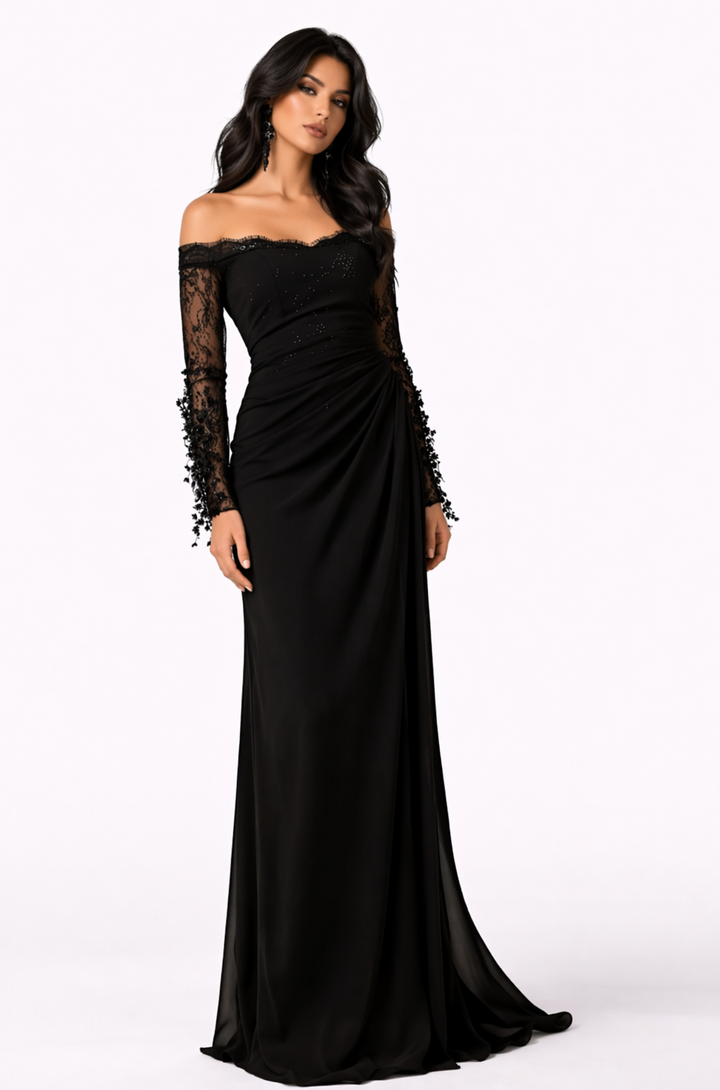 off-shoulder lace sleeve draped column dress – NOID