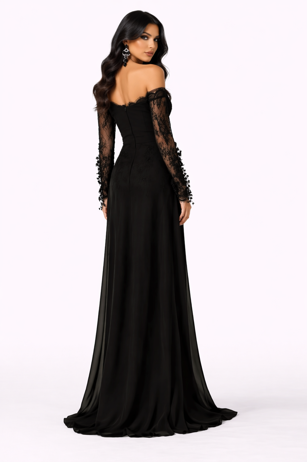 off-shoulder lace sleeve draped column dress – NOID