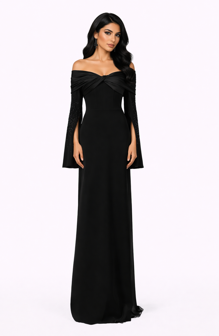 off-shoulder twisted bodice cape sleeve dress – EBONY