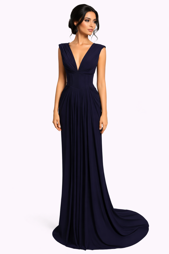 sleeveless deep V-neck pleated column dress – MIDNIGHT