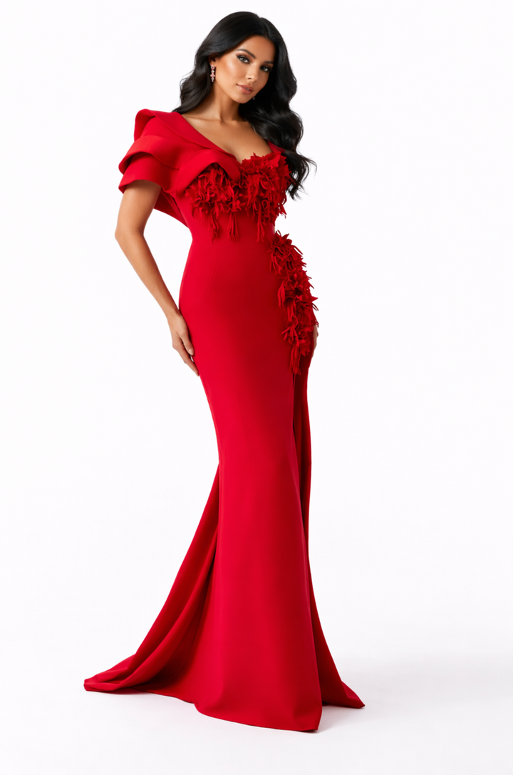 one-shoulder sculpted mermaid dress with floral appliqué – ROSAA