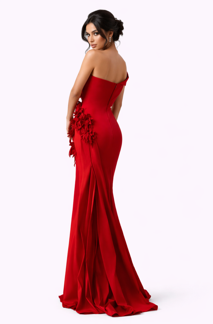 one-shoulder sculpted mermaid dress with floral appliqué – ROSAA