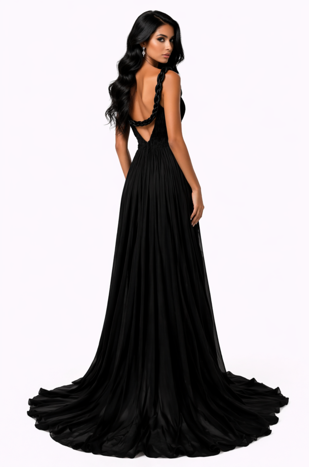pleated strap gown with braided neckline and high slit – NOCTA