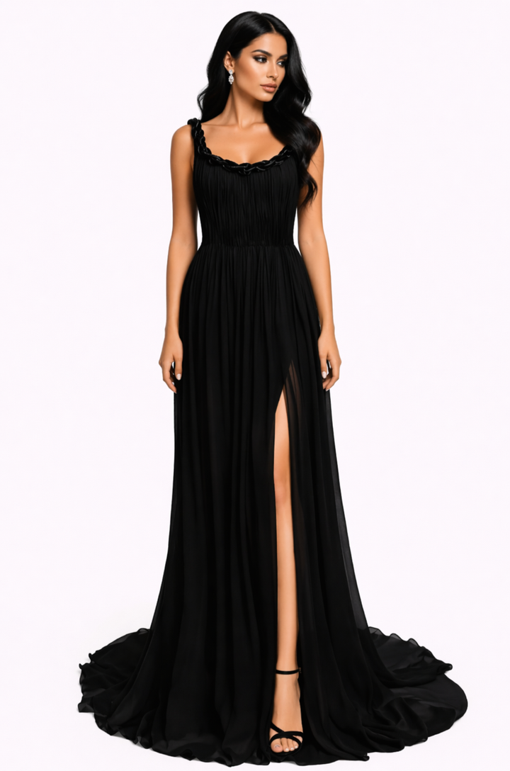 pleated strap gown with braided neckline and high slit – NOCTA
