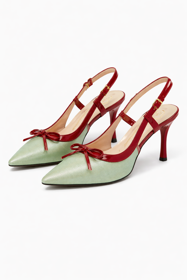 pointed toe slingback heels with contrast straps and bow detail – ROSE
