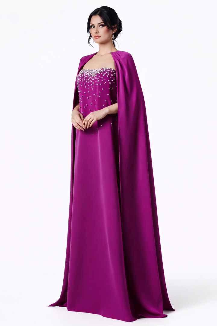 strapless column dress with embellished neckline and maxi cape – VIOLETTE