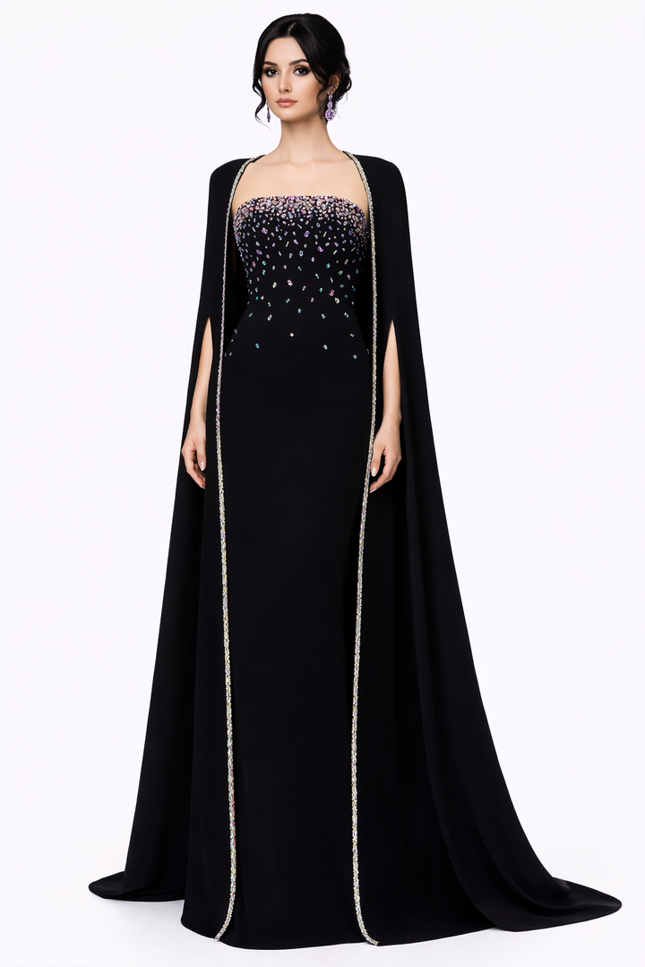 strapless embellished column dress with open-front cape – NOILL
