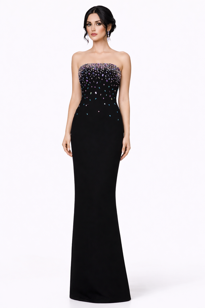 strapless embellished column dress with open-front cape – NOILL