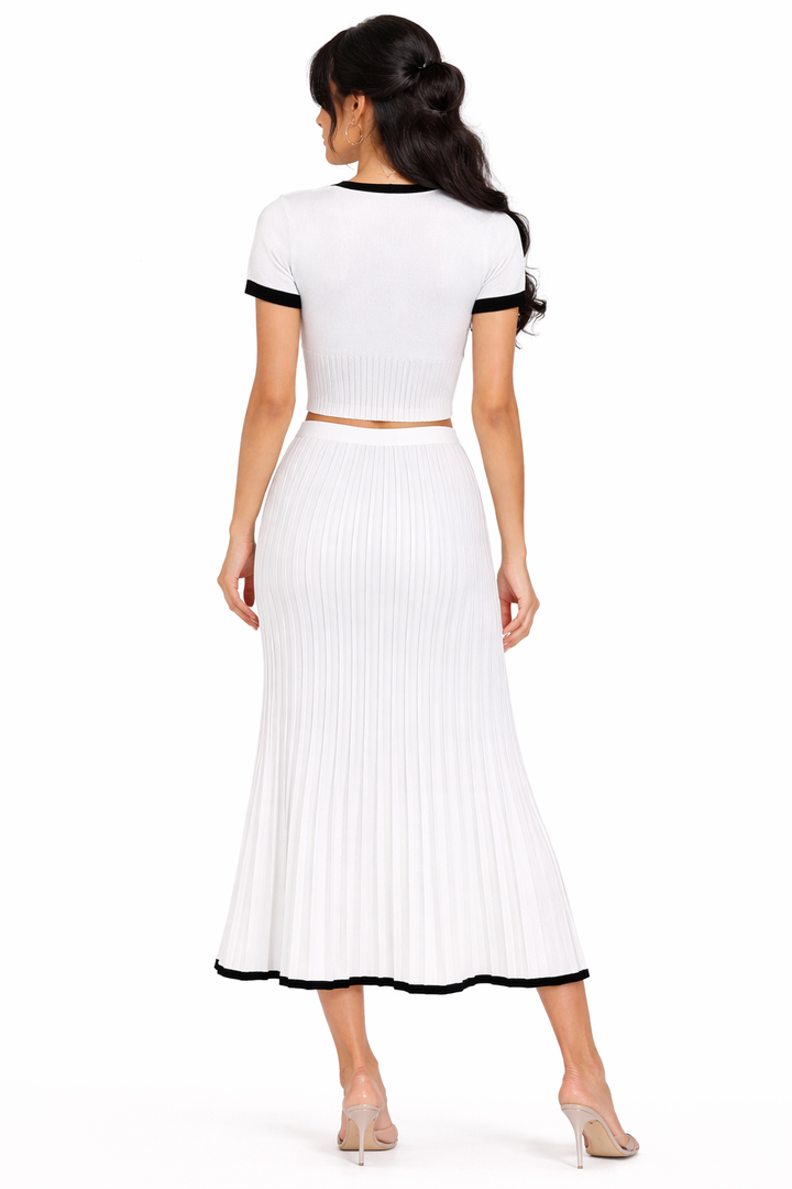 Contrast V-neck Knit Top And Pleated Midi Skirt Set