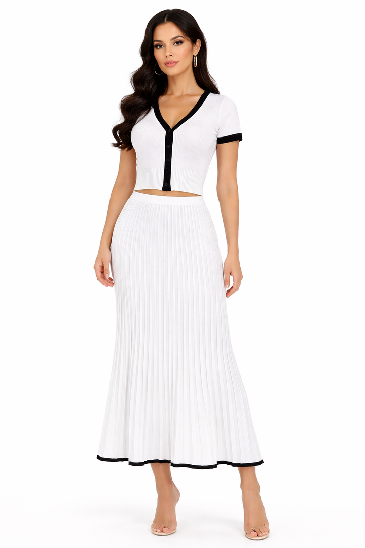 Contrast V-neck Knit Top And Pleated Midi Skirt Set