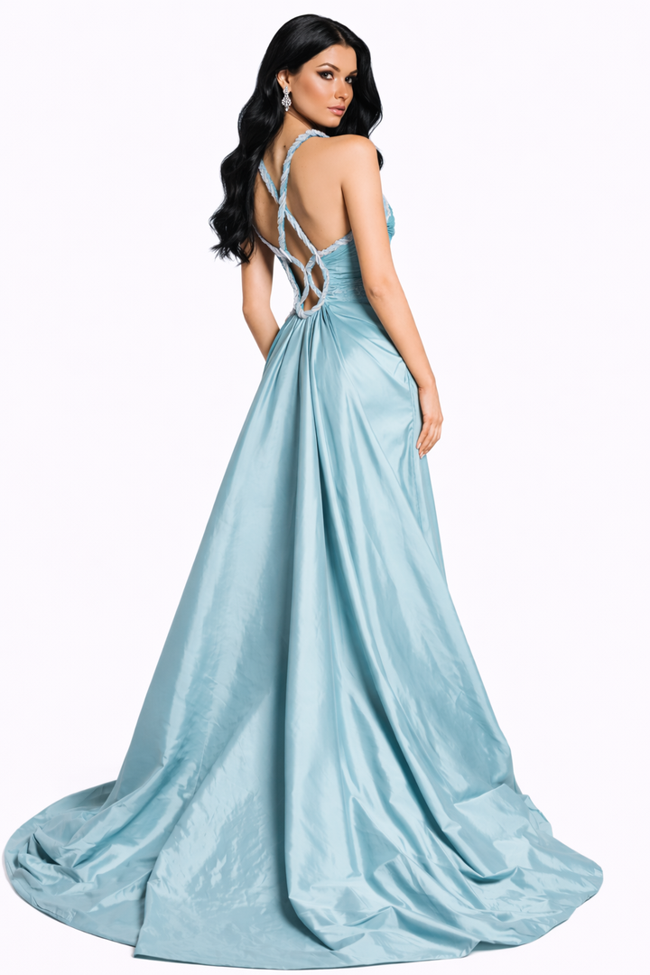 ruched strap gown with draped skirt and high slit – CELESTE