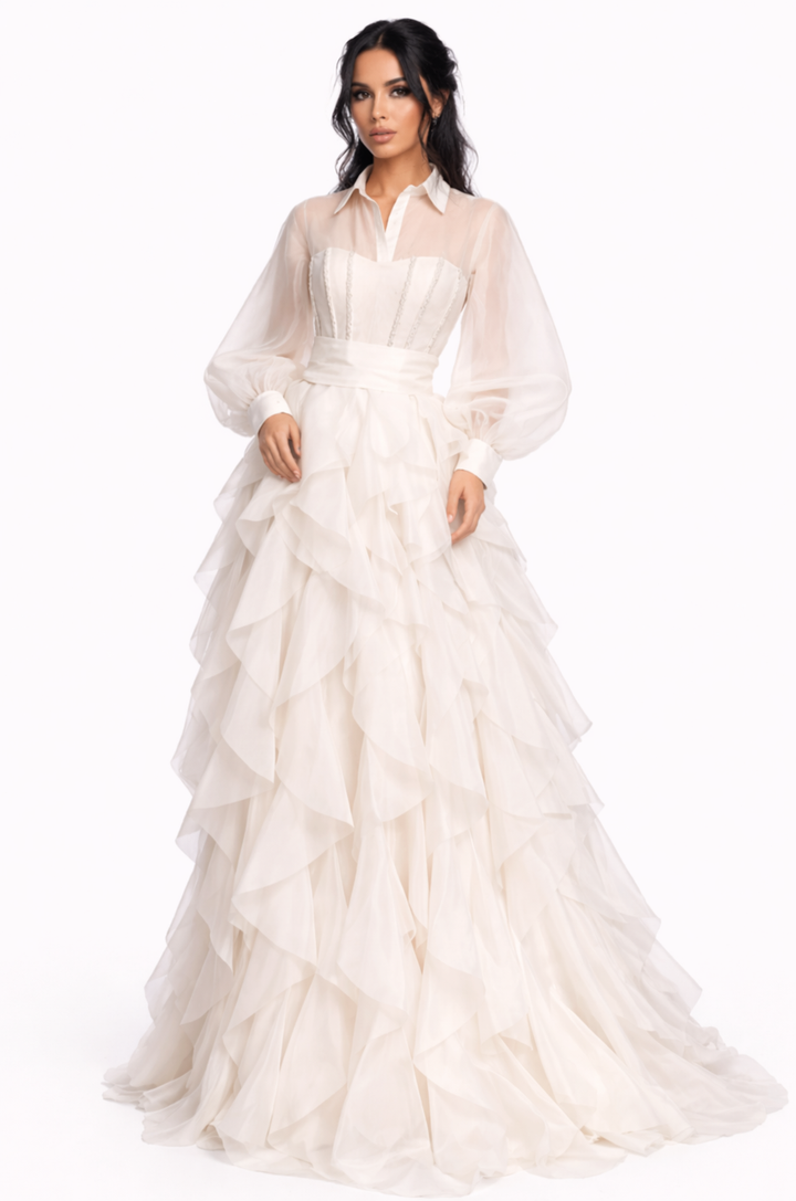 sheer long sleeve corset dress with layered ruffle skirt – IVORII