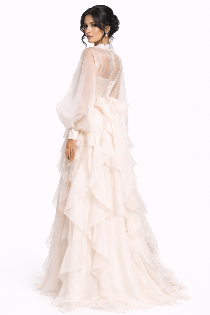 sheer long sleeve corset dress with layered ruffle skirt – IVORII
